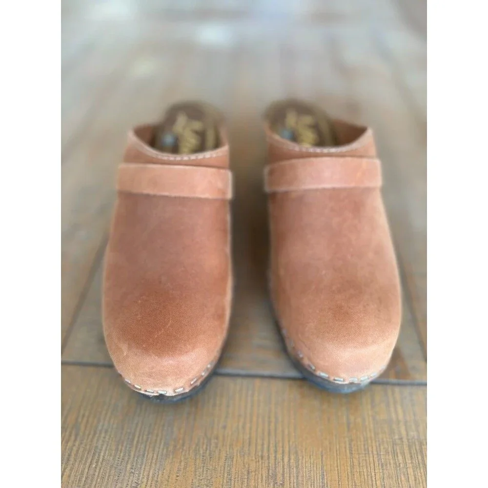 Lotta from Stockholm Tan Leather Clog Wood Sole Clog 39 US 8.5